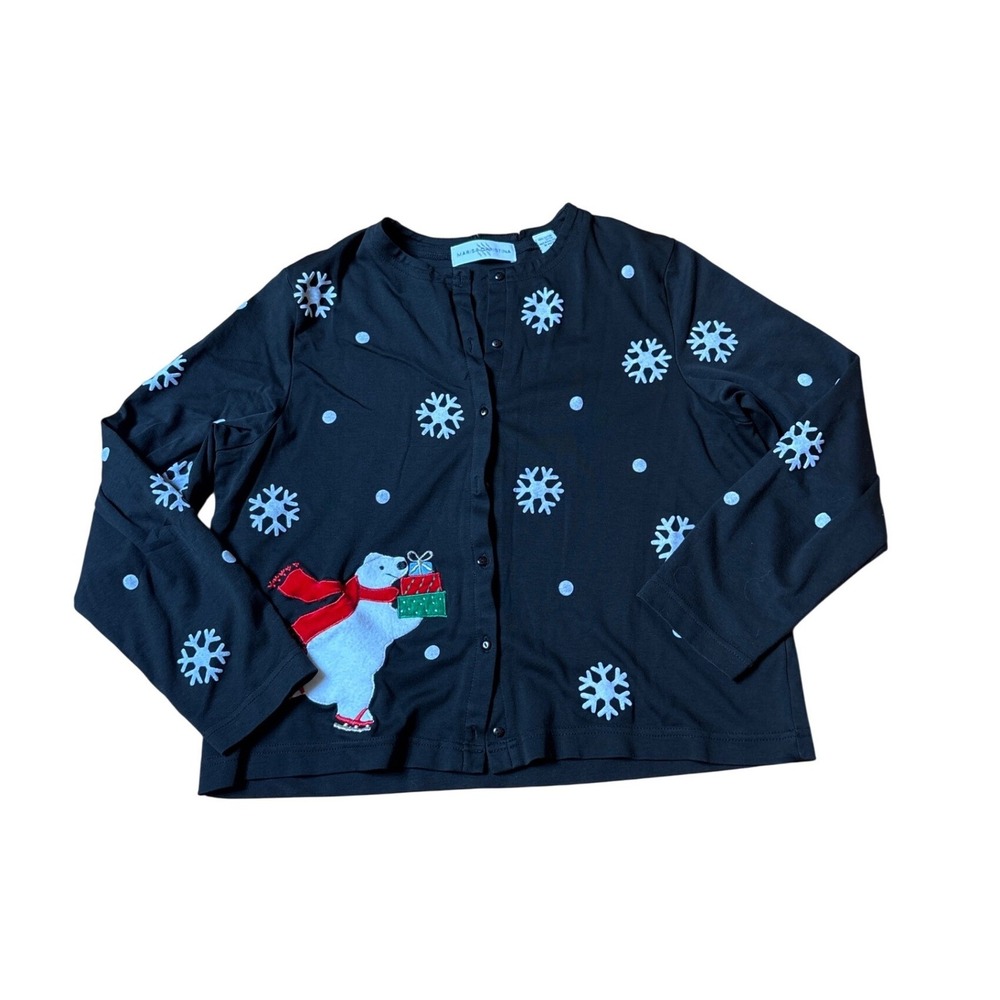 Marisa Christina Cardigan Women Black Polar Bear Snowflake Holiday Vintage L